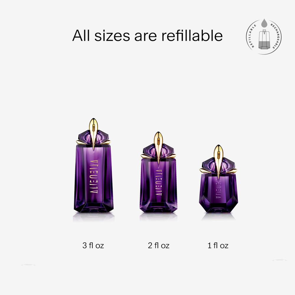 Mugler Alien spray application demonstrates easy use on skin and hair.