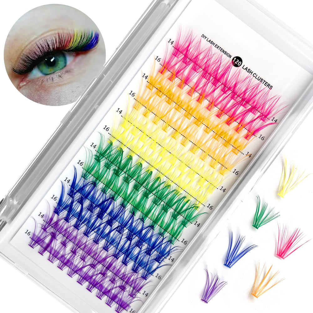 MUIIGOOD rainbow lash clusters in a 120-piece pack for versatile color looks.