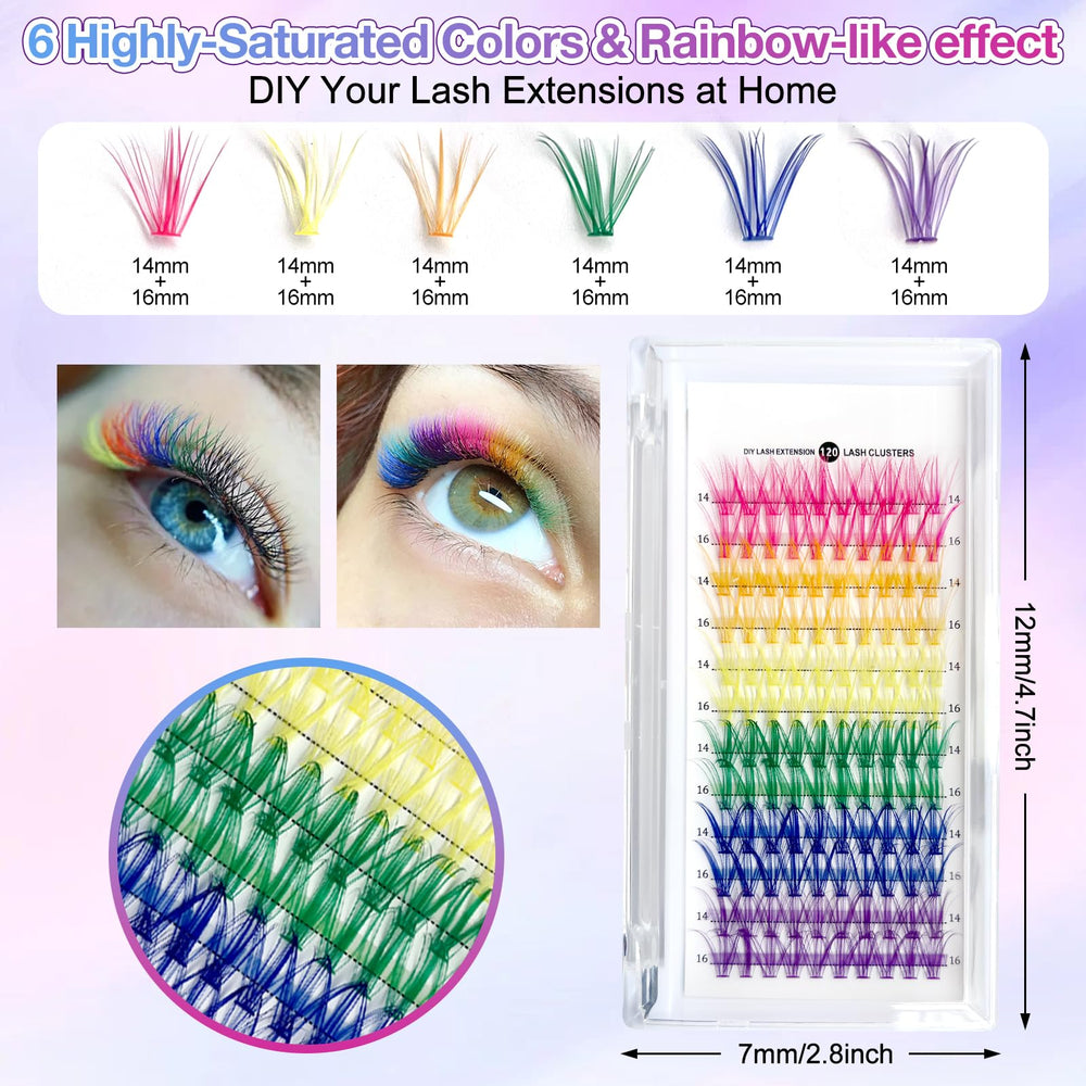 MUIIGOOD rainbow lashes in pink, orange, yellow, green, blue, and purple.