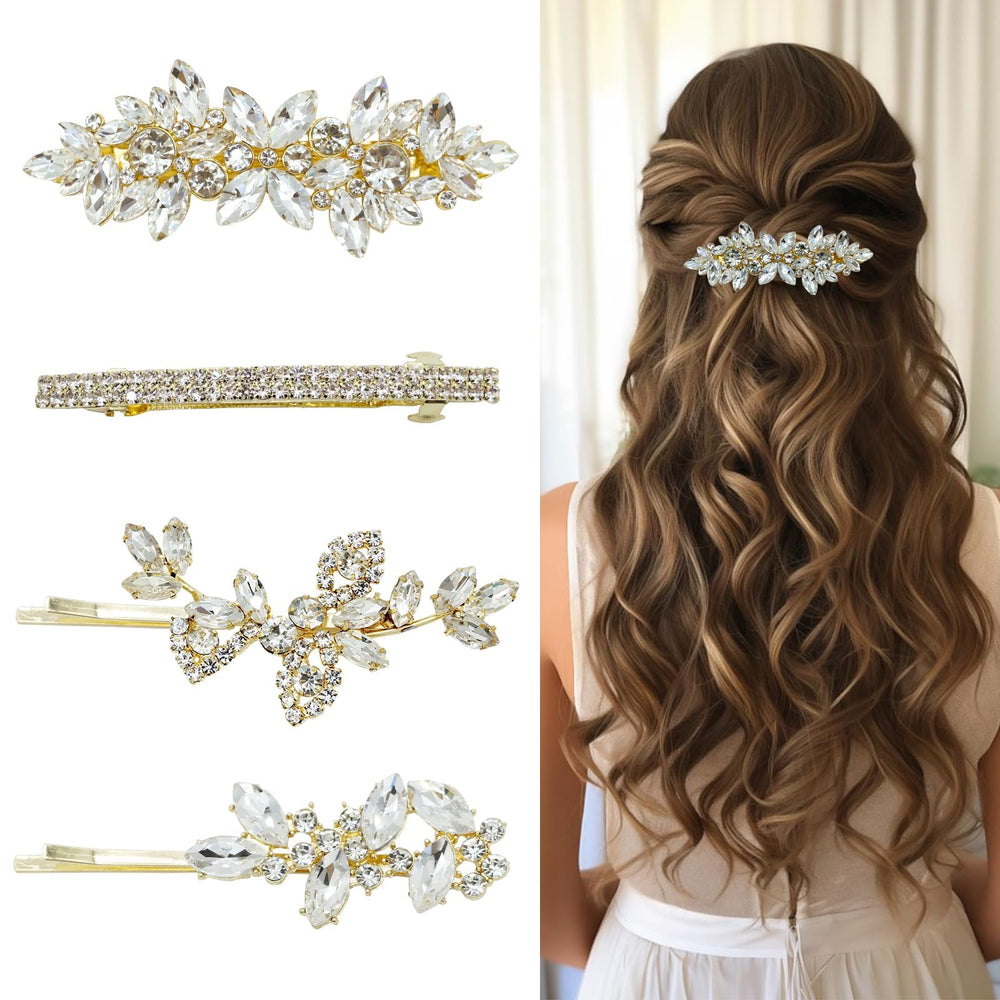 Mulzile leaf rhinestone hair clip in gold catches light for a bridal glow.
