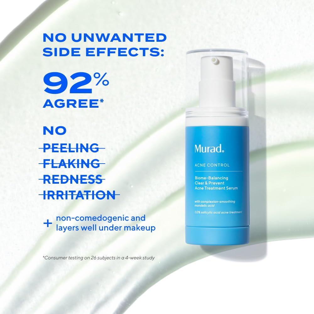 Murad Biome-Balancing Acne Serum applied to skin shows quick absorption.