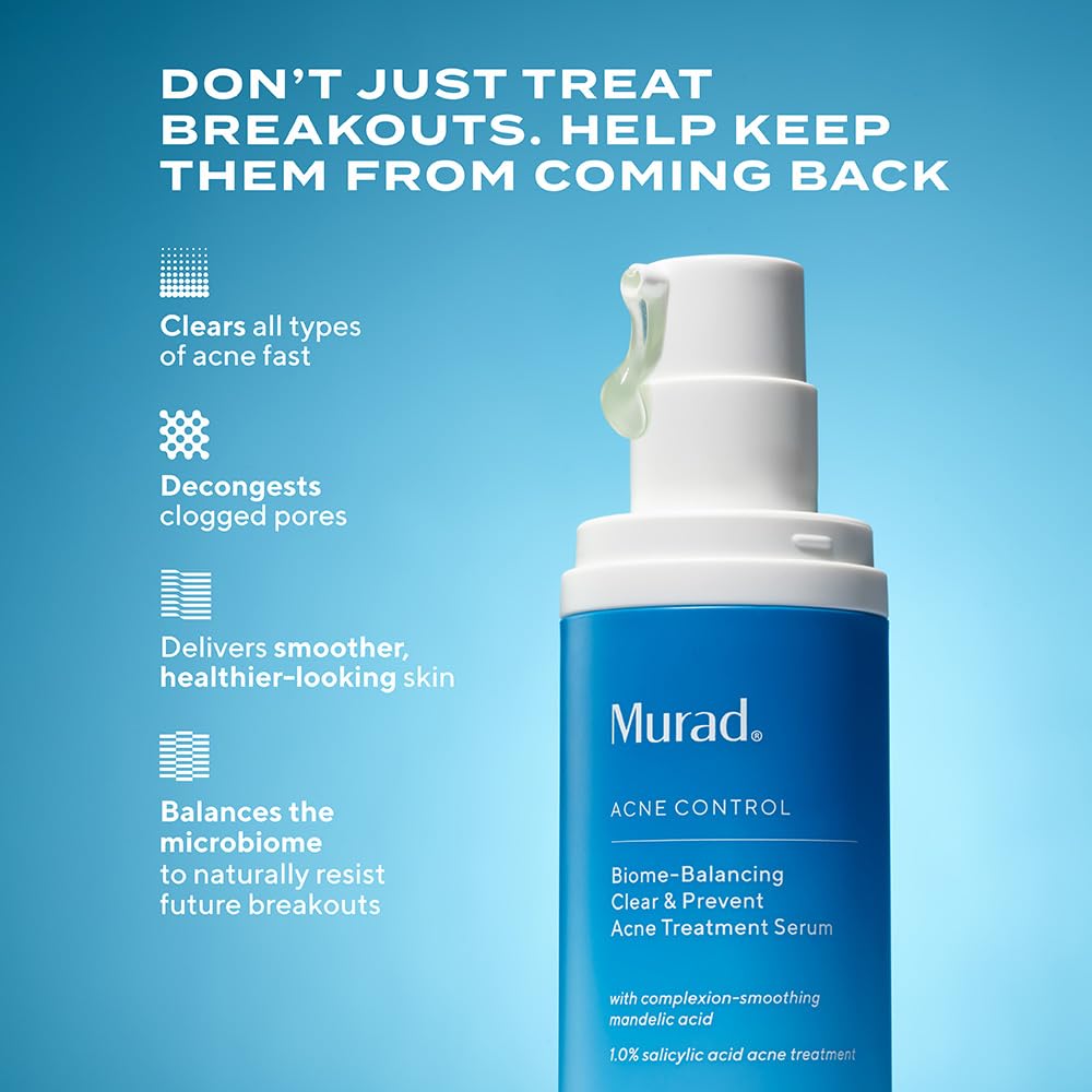 Murad Biome-Balancing Acne Serum label closeup highlights clean, clear ingredients.