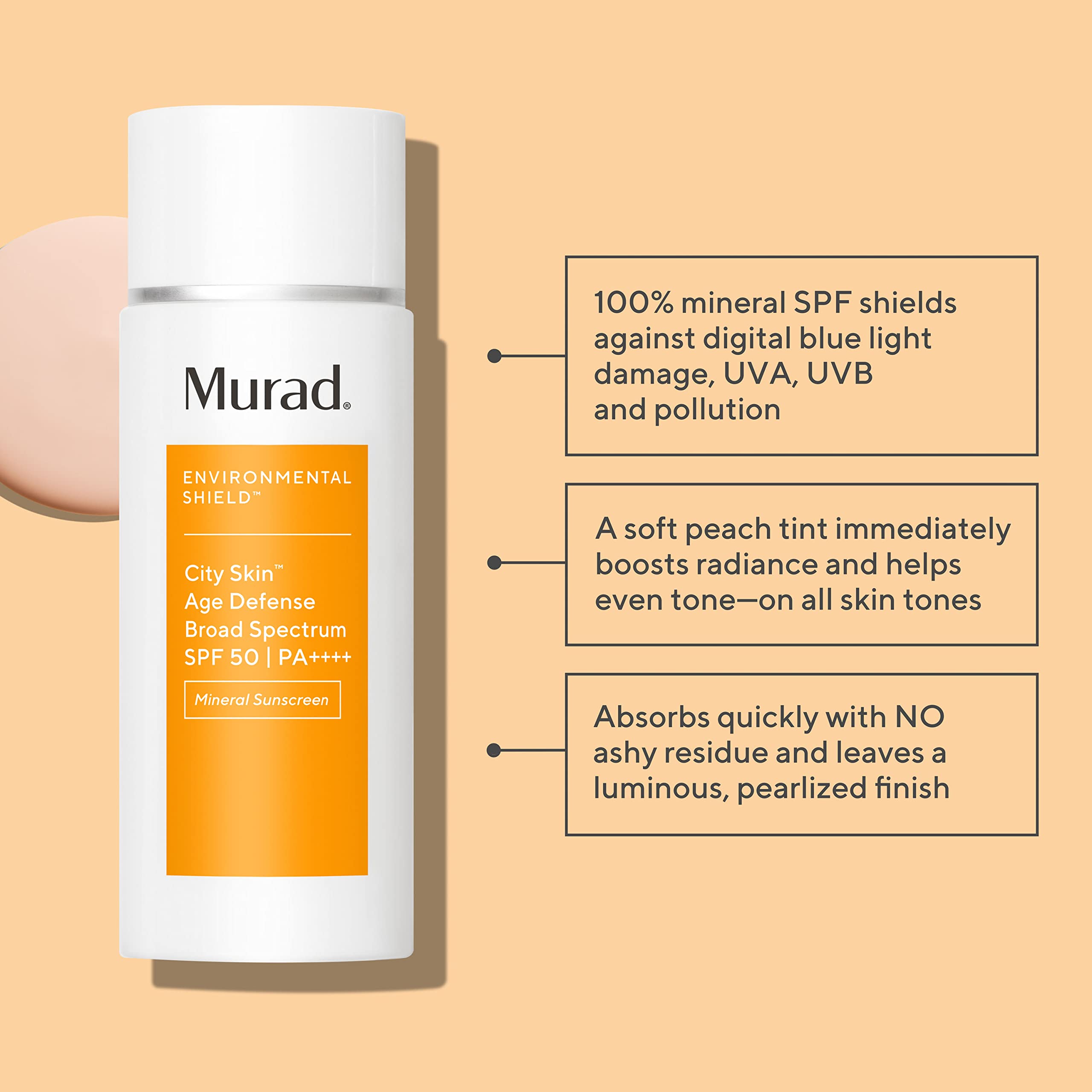Murad City Skin Age Defense SPF 50 cream texture with peach tint on palm