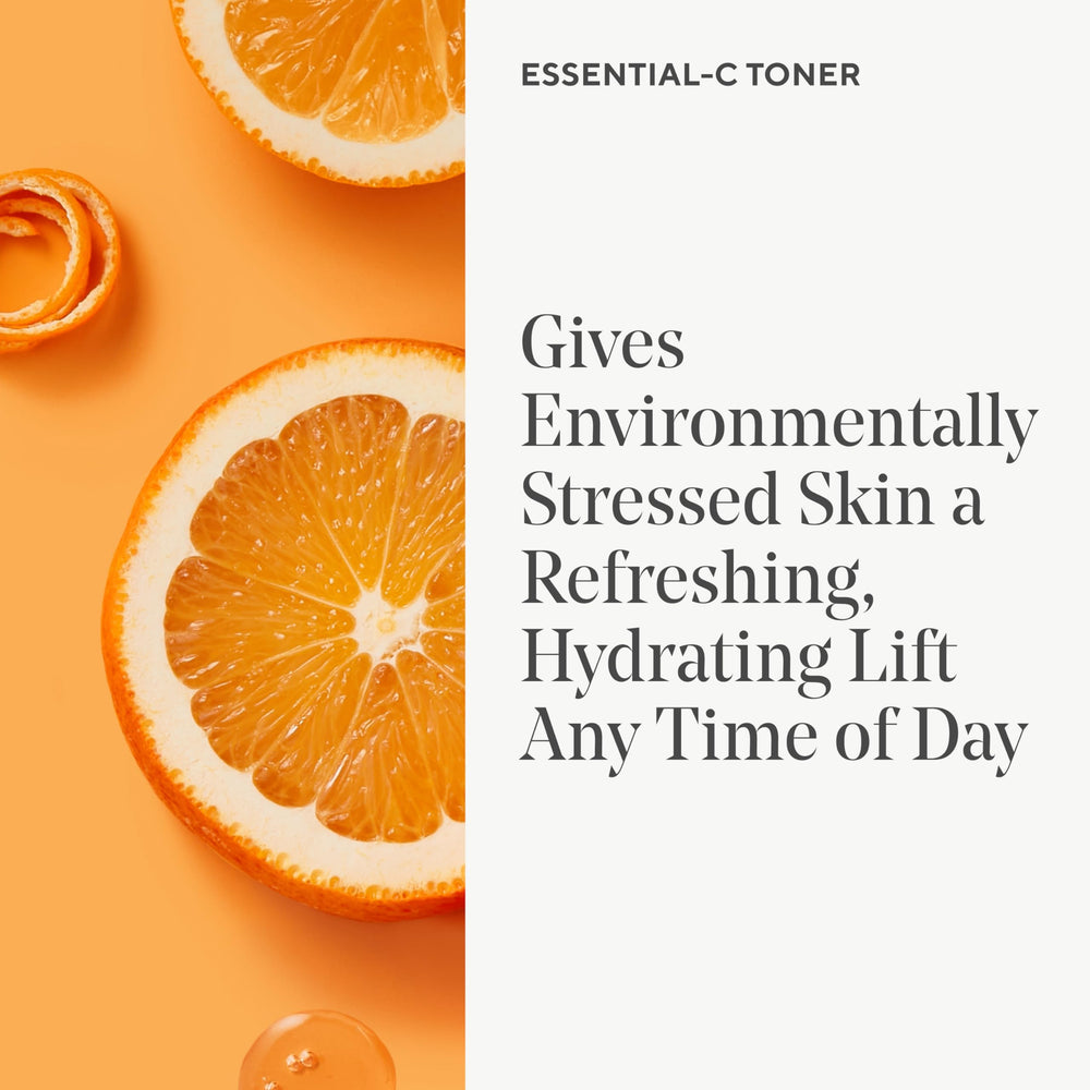 Murad Essential-C Toner with vitamin C graphics illustrating antioxidant protection.