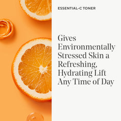 Murad Essential-C Toner with vitamin C graphics illustrating antioxidant protection.