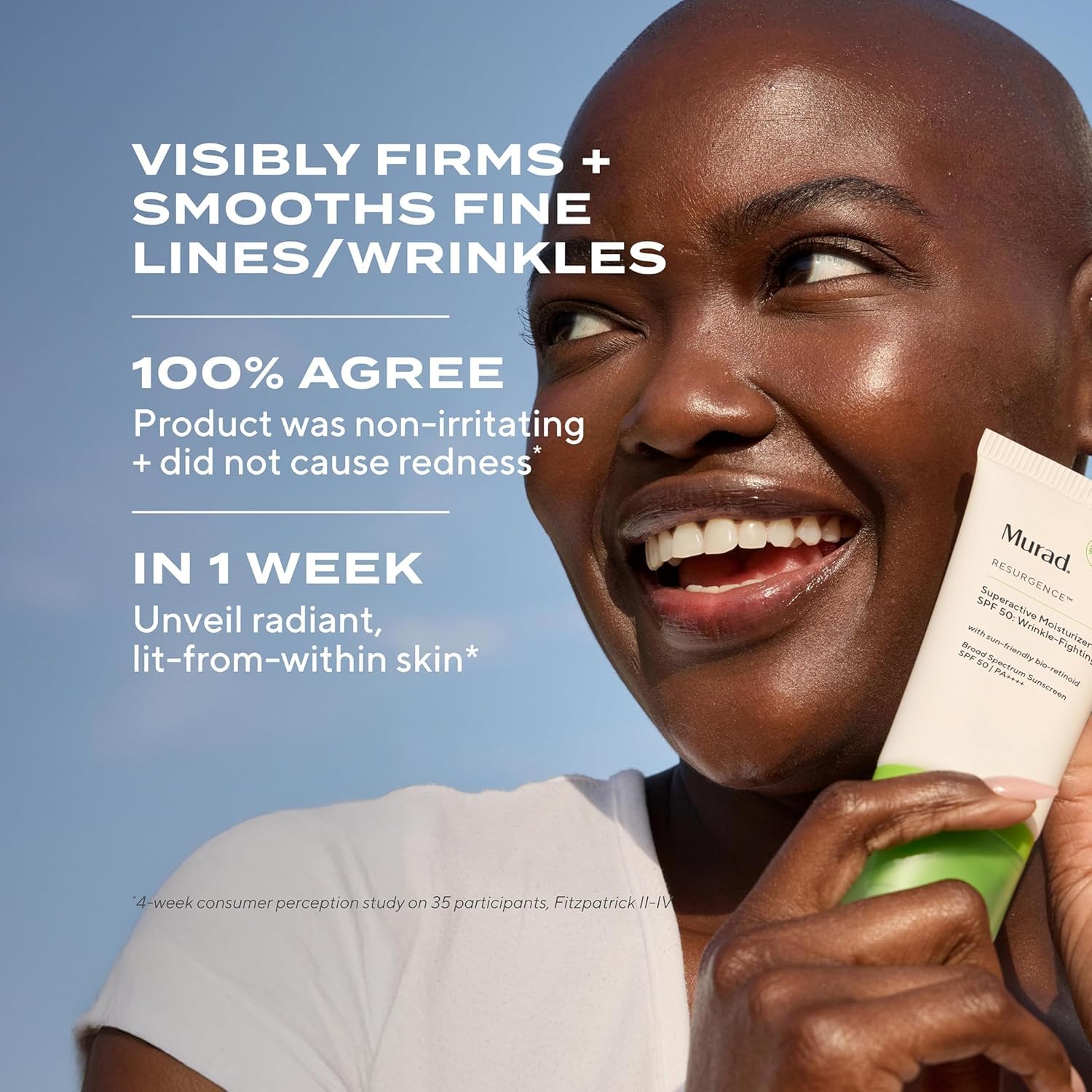 Murad SPF50 face application shot shows smooth, radiant finish.