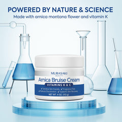 MURASAKI BEAUTY Arnica Bruise Cream on leg highlights soothing hydration and quick absorption