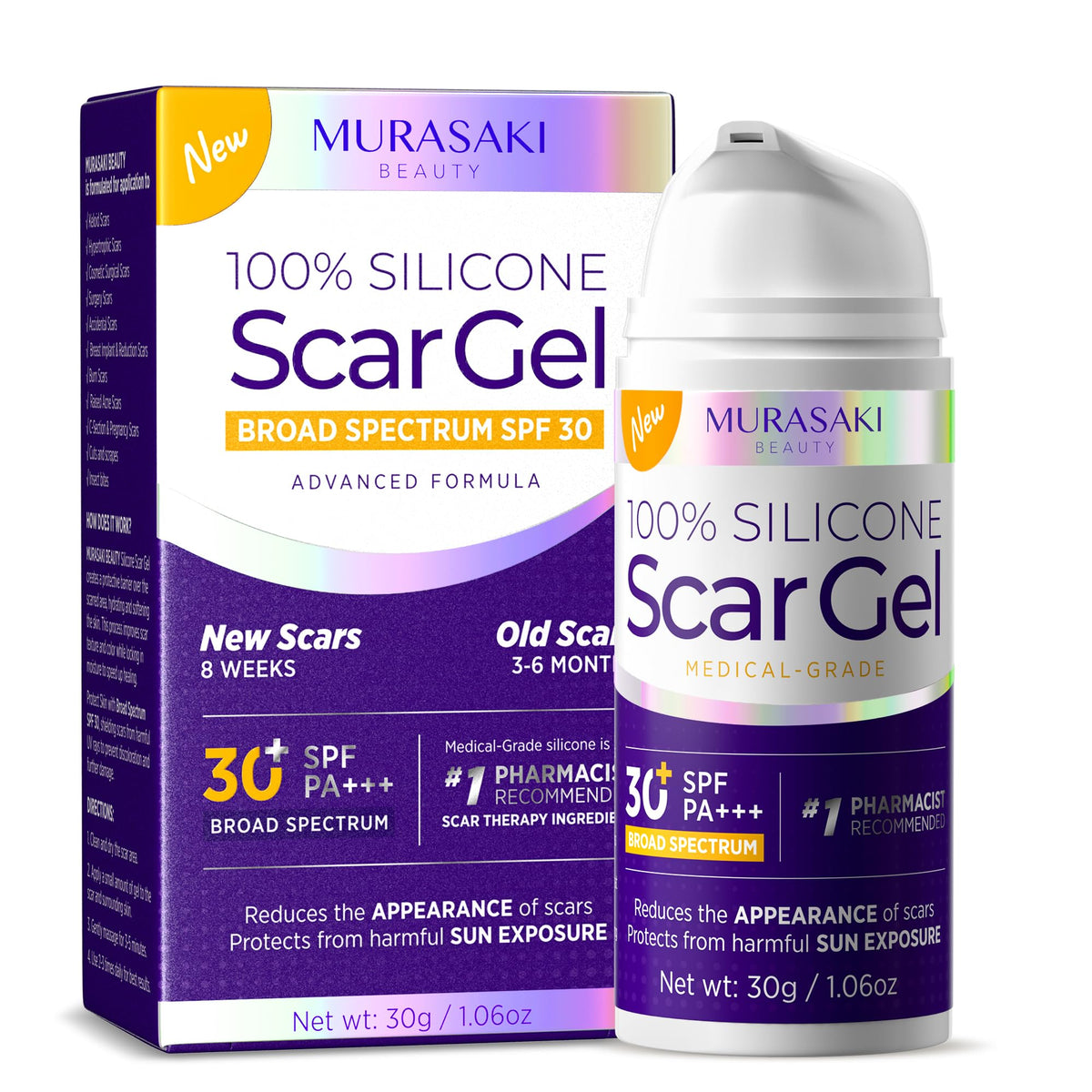 MURASAKI BEAUTY silicone scar gel bottle with SPF 30 for scar care