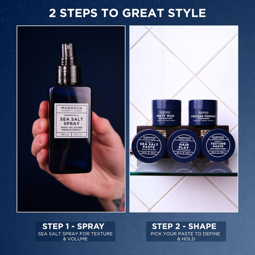 Murdock London Sea Salt Spray ready for daily use in barbershop-style routine.