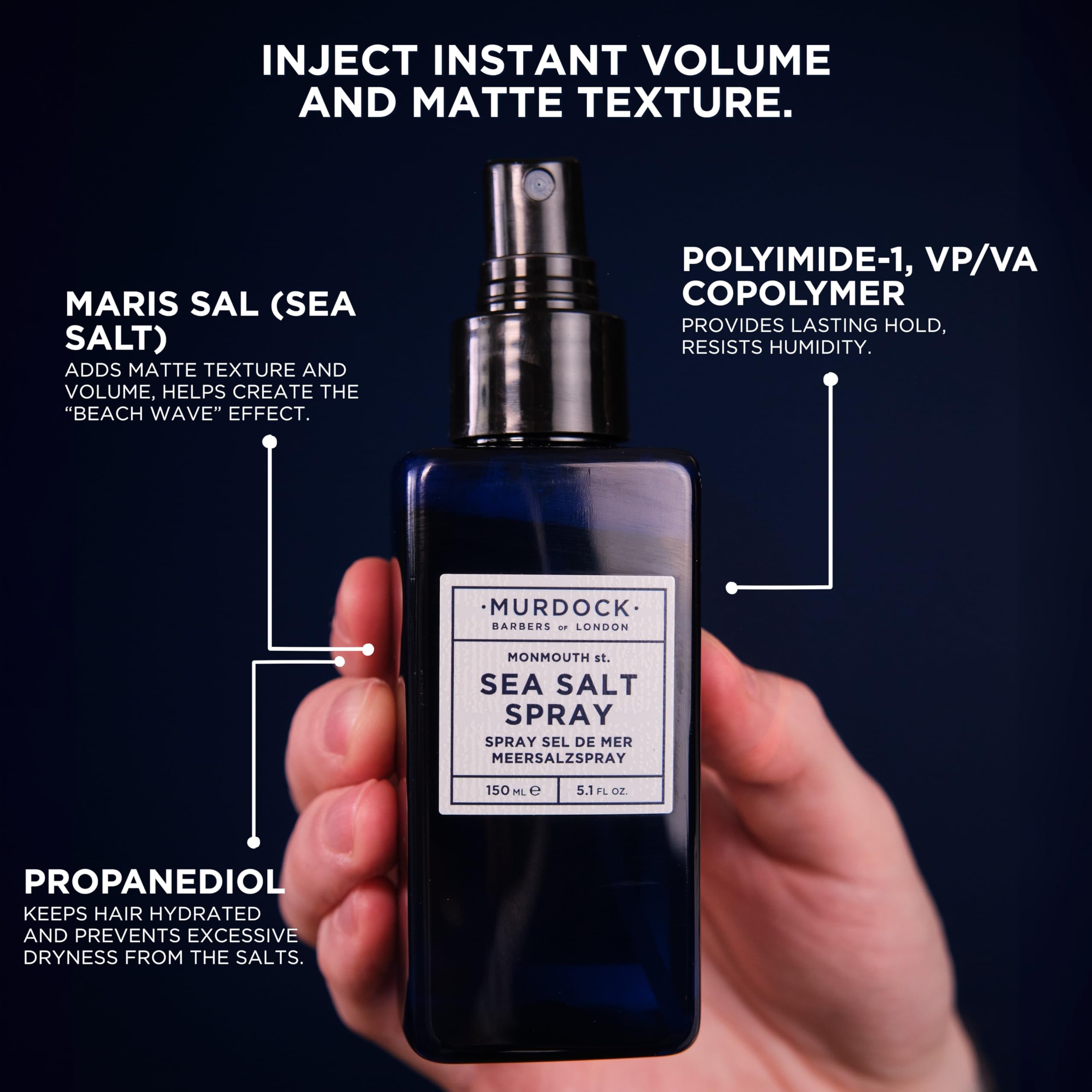 Murdock London Sea Salt Spray shows root lift without greasiness for all-day style.