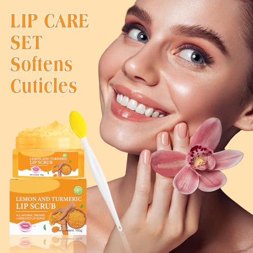 MUREND Turmeric Lemon Lip Scrub with Brush in use for smoother, nourished lips.