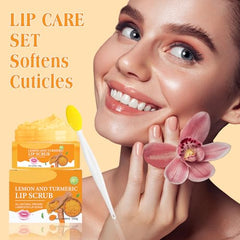 MUREND Turmeric Lemon Lip Scrub with Brush in use for smoother, nourished lips.