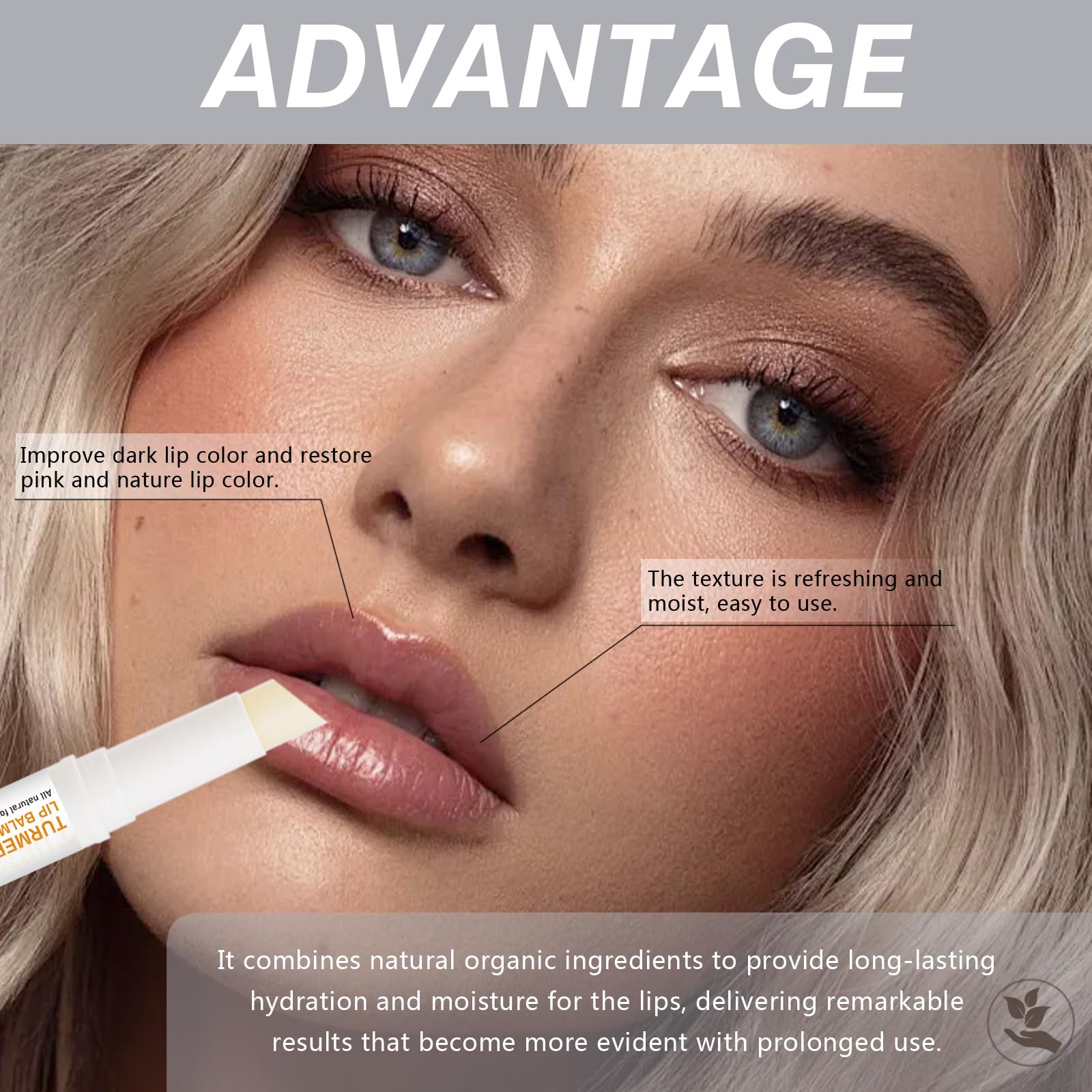 MUREND turmeric lip balm application on lips for instant soothing.
