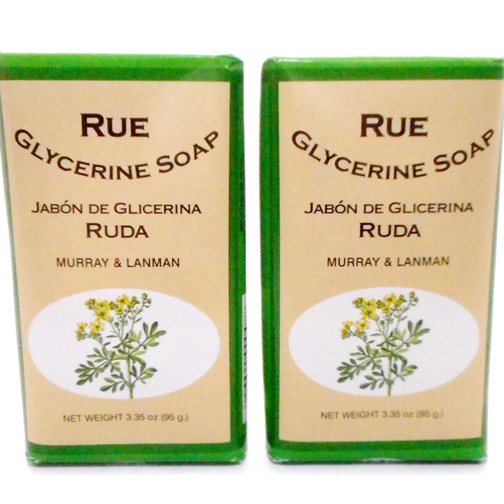 Murray & Lanman Rue, frente, dos barras limpias con aroma herbáceo para piel fresca.
