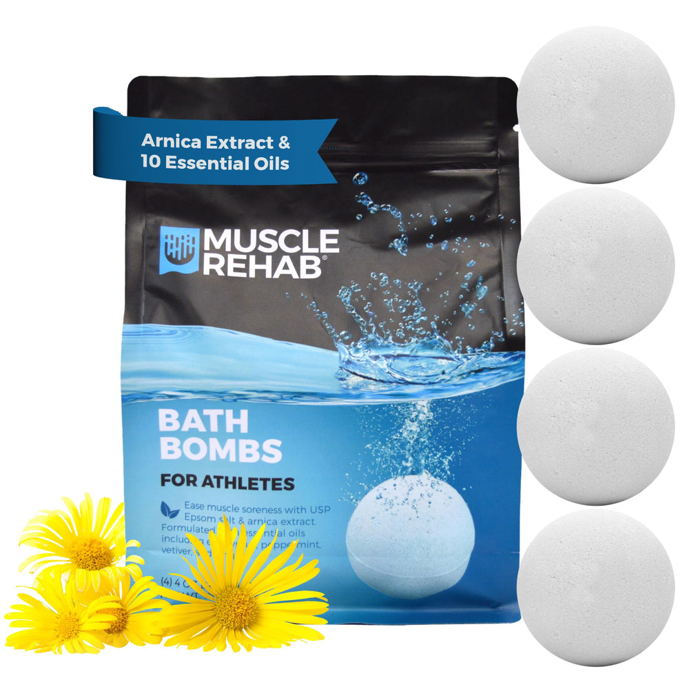 Muscle Rehab bomba de baño con árnica para aliviar músculos cansados tras entrenar.