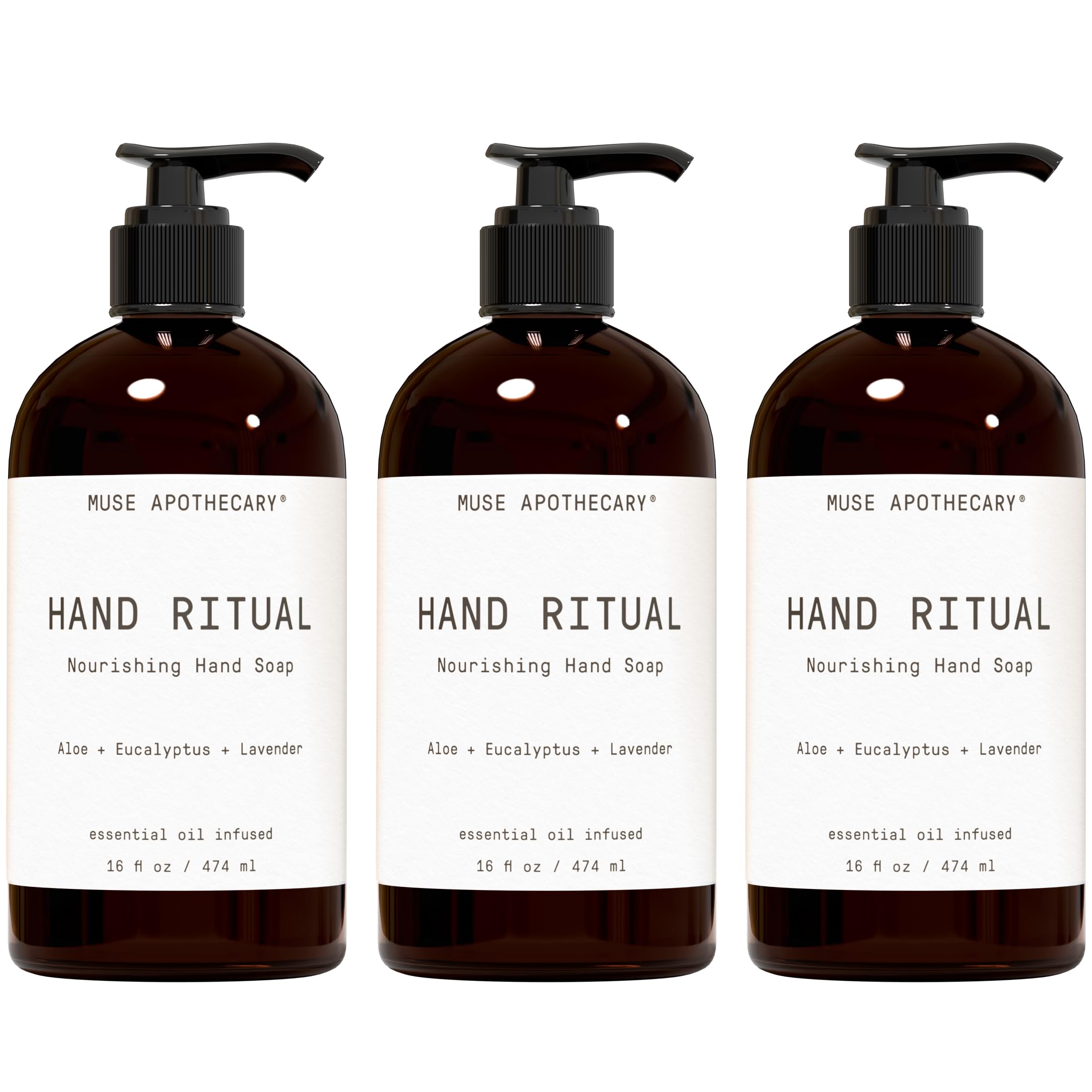 Muse Apothecary Hand Ritual bottle pour highlights a nourishing cleansing formula for daily use.