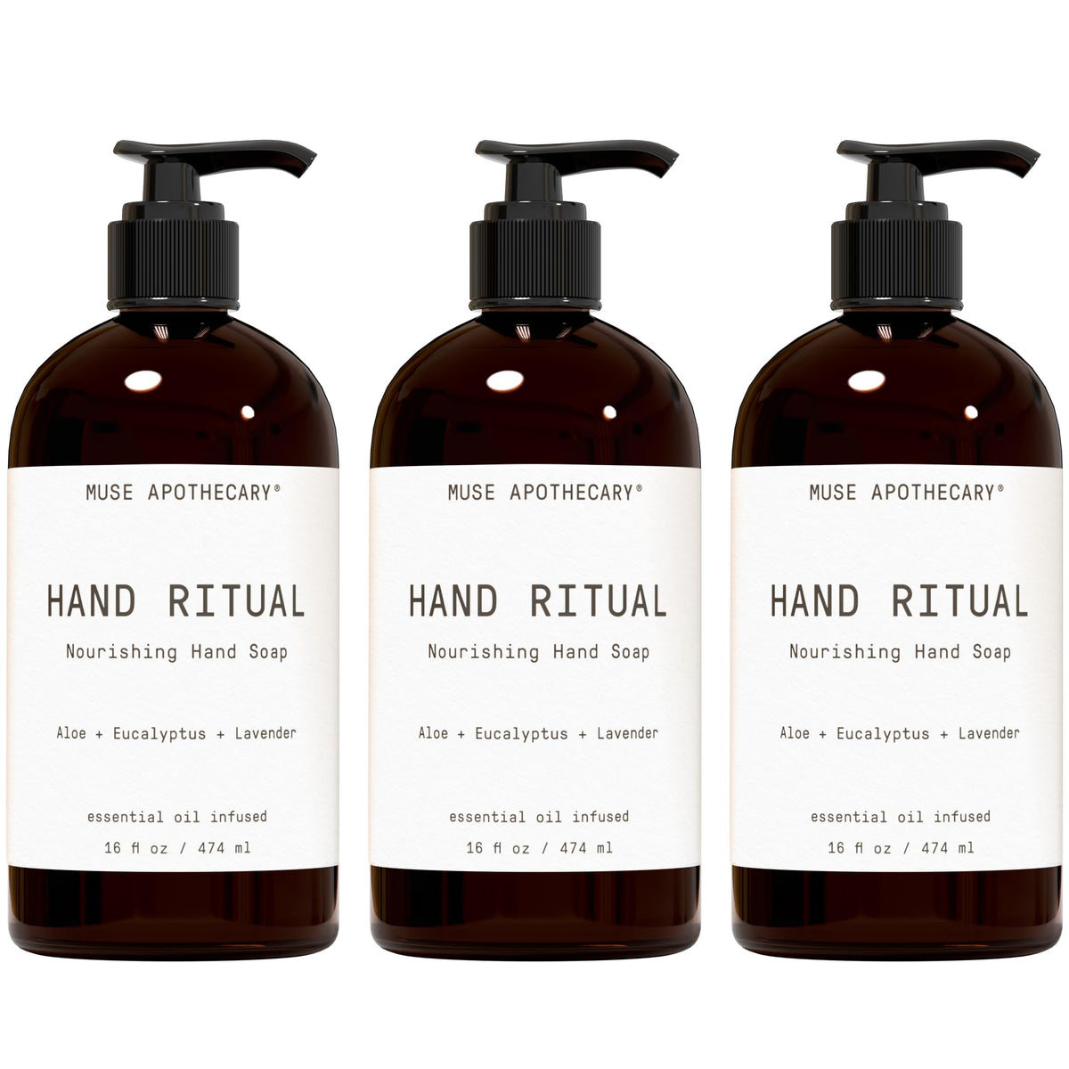 Muse Apothecary Hand Ritual bottle pour highlights a nourishing cleansing formula for daily use.