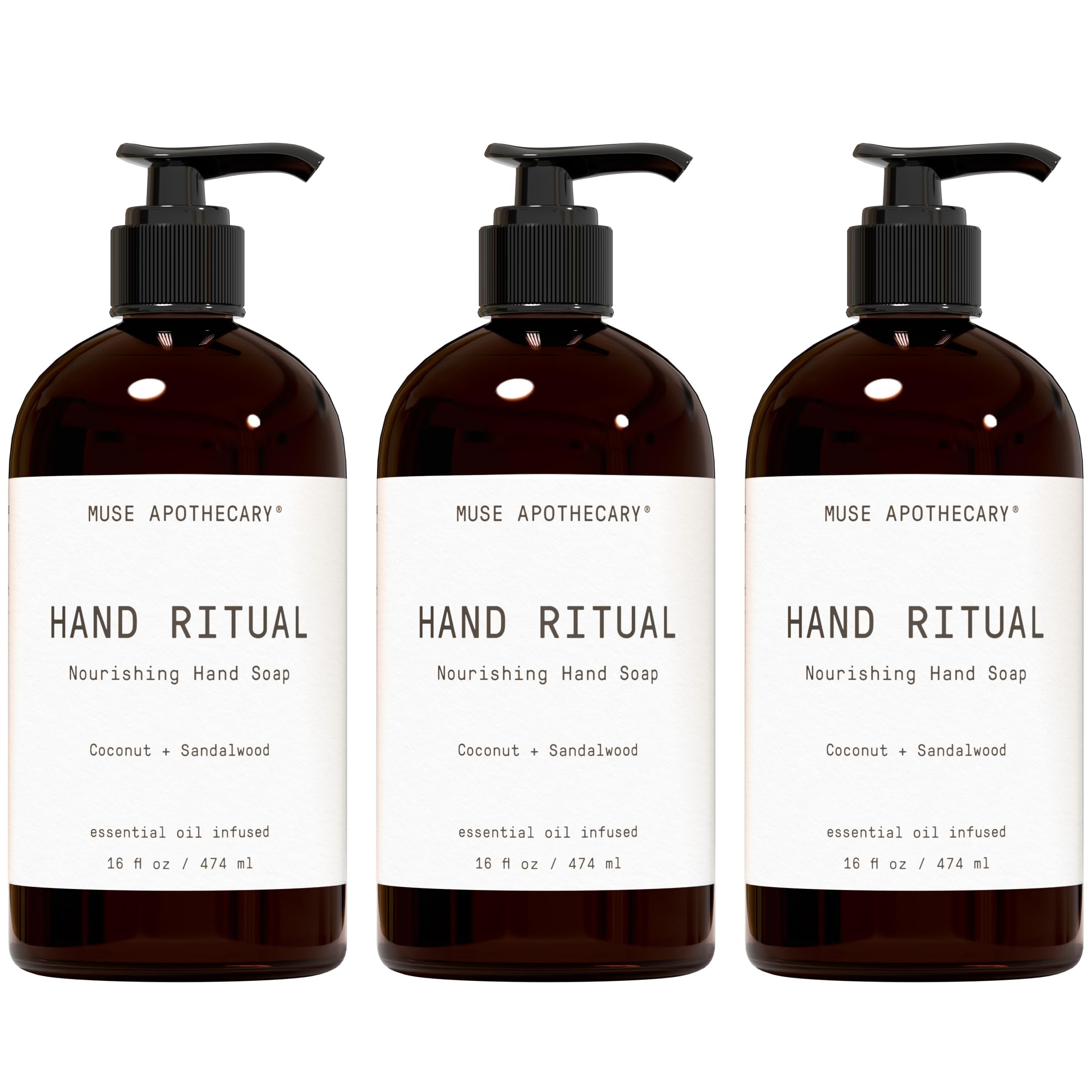 Muse Apothecary Hand Ritual pump bottle delivering rich foamy lather for hydrated hands.