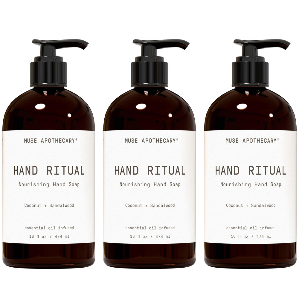 Muse Apothecary Hand Ritual pump bottle delivering rich foamy lather for hydrated hands.