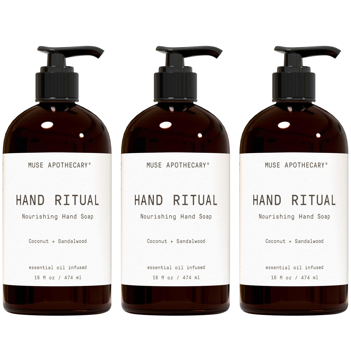 Muse Apothecary Hand Ritual pump bottle delivering rich foamy lather for hydrated hands.