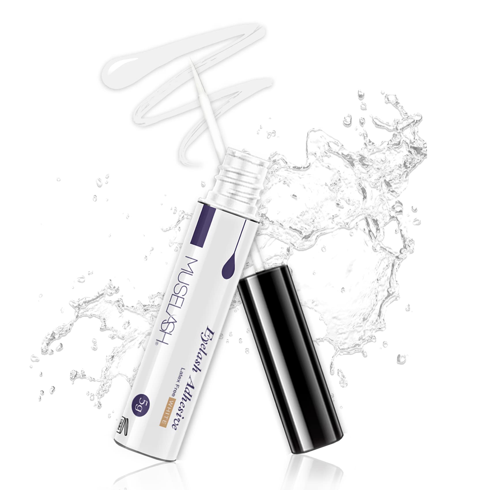 MUSELASH Super Hold glue bottle demonstrating long-lasting waterproof performance for lashes.