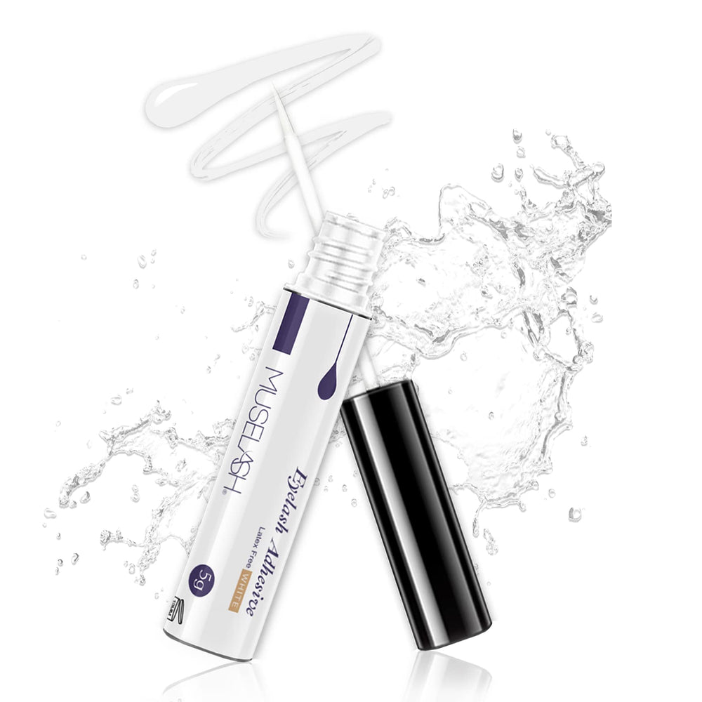 MUSELASH Super Hold glue bottle demonstrating long-lasting waterproof performance for lashes.