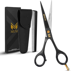 MUSI barber scissors with 6.5-inch blades for precise, smooth cuts in salons and at home.