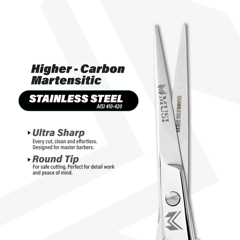 MUSI barber shears 420 stainless steel highlighting durable performance.