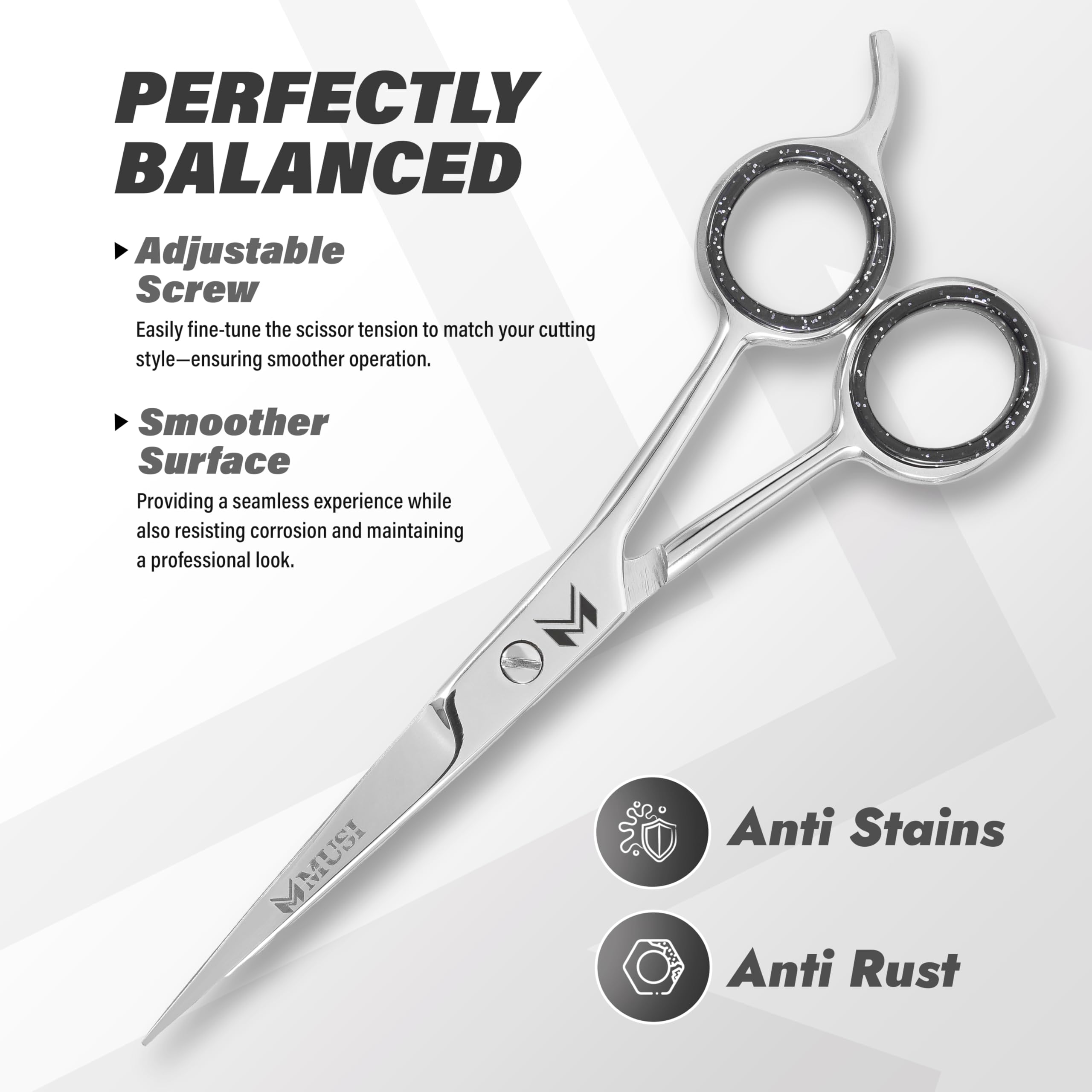 MUSI convex edge hair shears deliver smooth tug-free cuts.