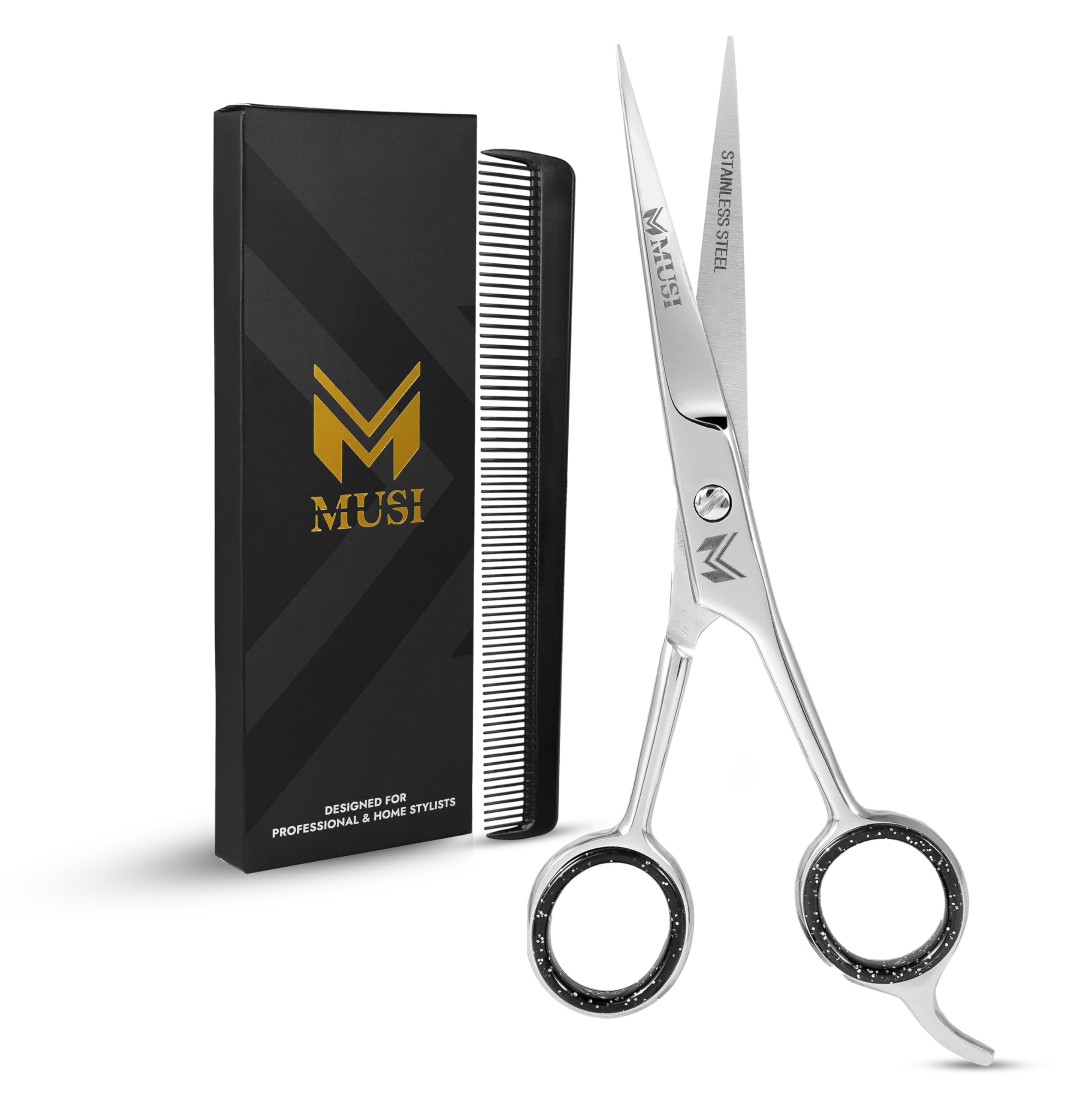 MUSI hair scissors 6.5-inch blades for precise professional cuts.