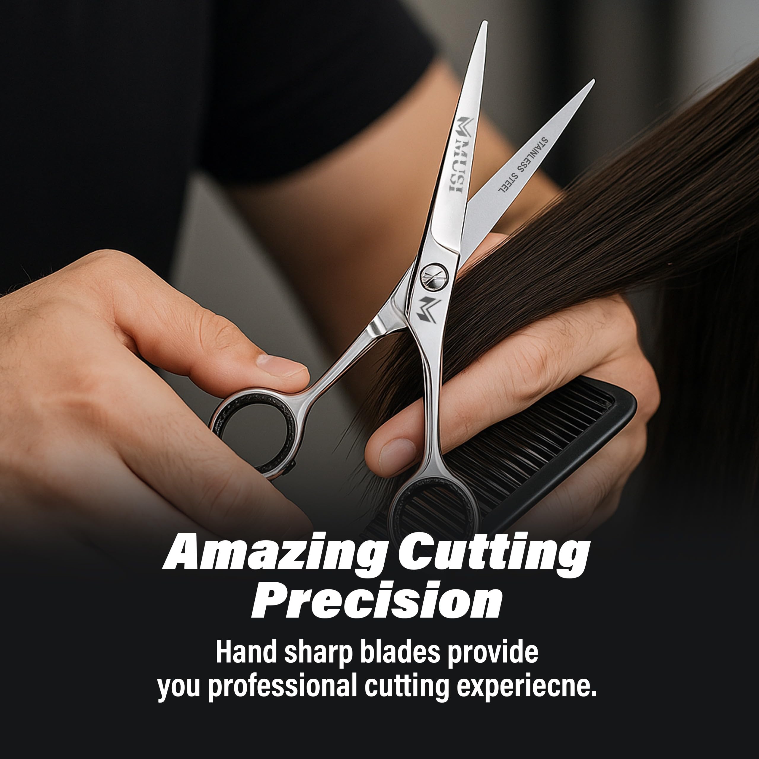 MUSI lightweight professional scissors improve maneuverability and comfort.