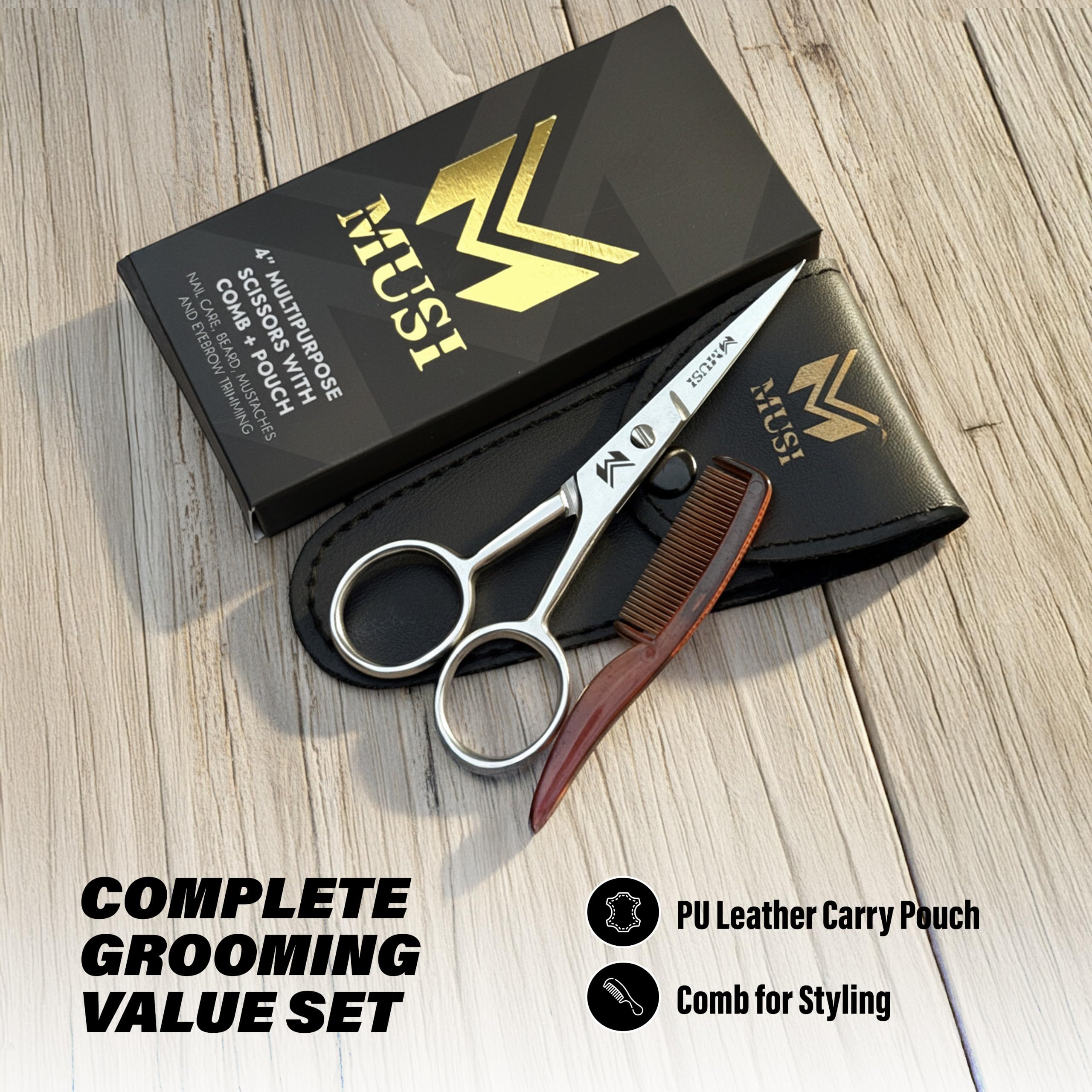 MUSI any-face multi-use scissors help with mustache, beard, lashes, and nails.