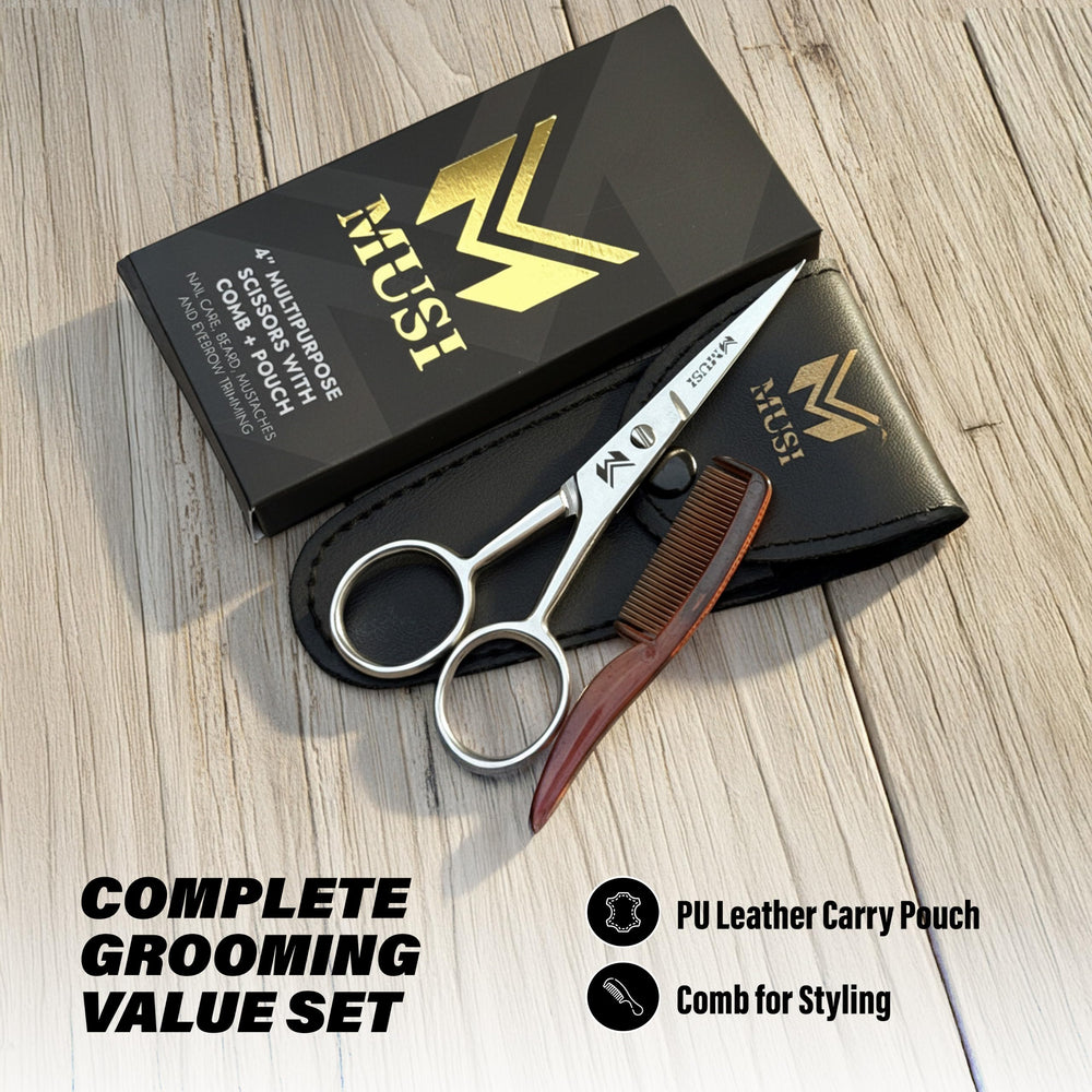 MUSI any-face multi-use scissors help with mustache, beard, lashes, and nails.
