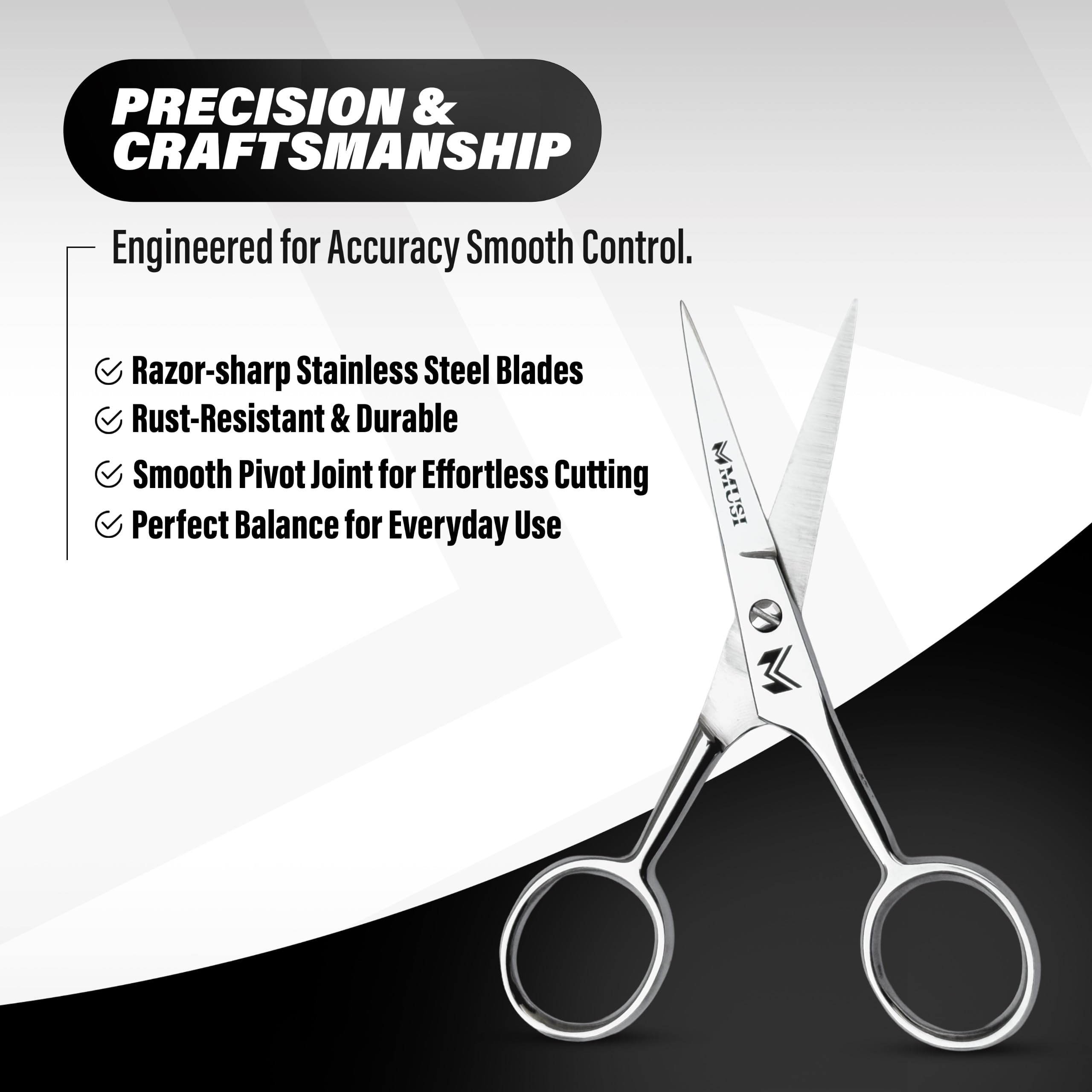 MUSI precision trimming scissors with sharp tips ideal for small facial details.