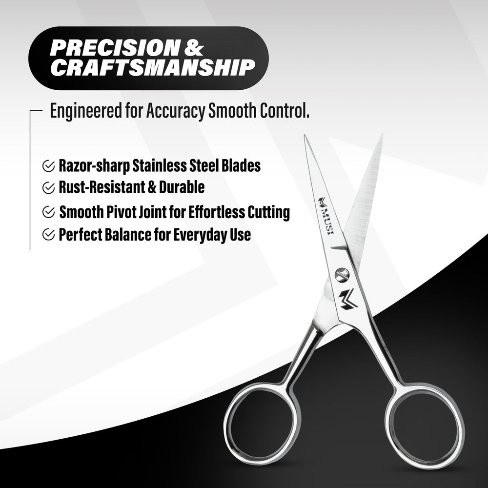 MUSI precision trimming scissors with sharp tips ideal for small facial details.