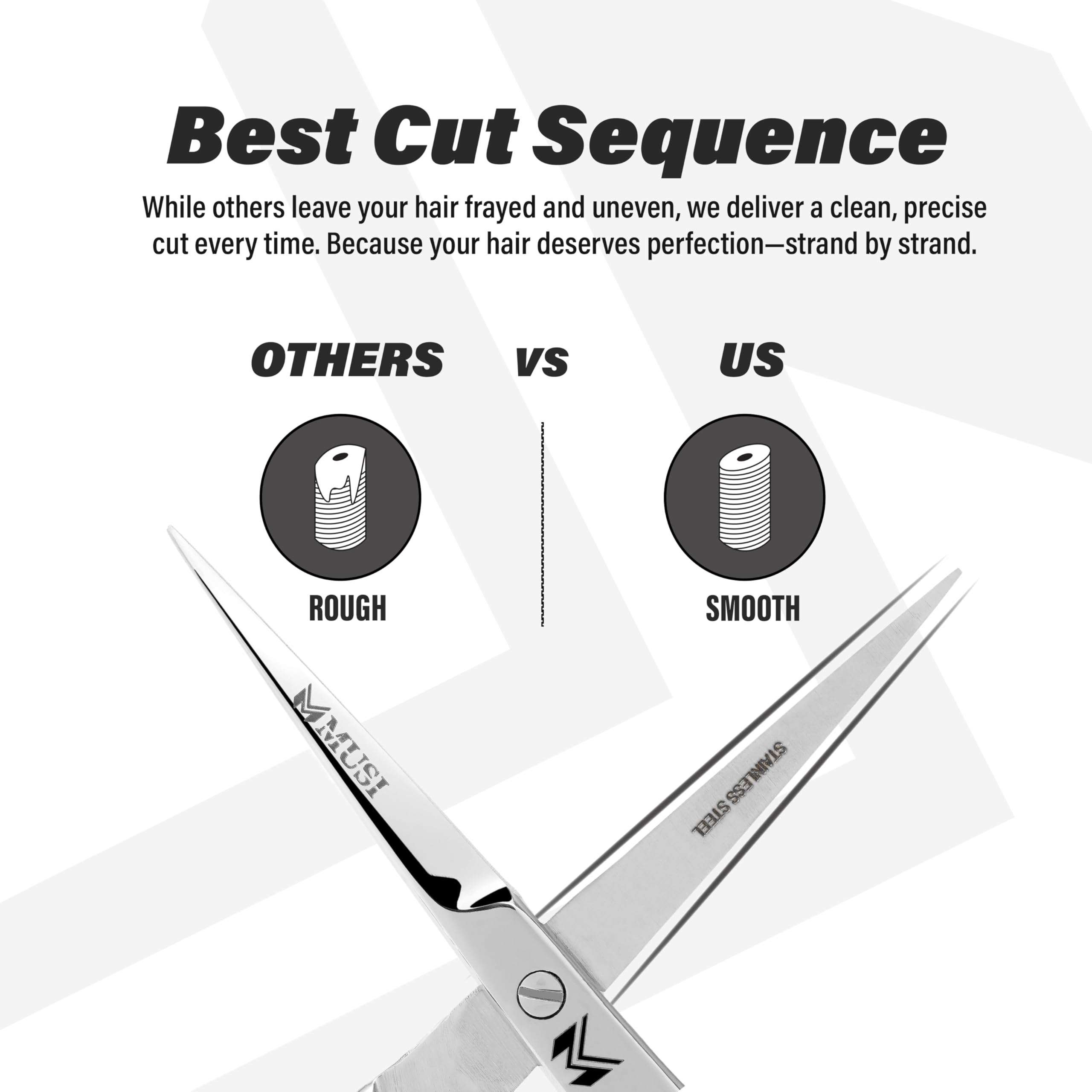 MUSI professional hair cutting scissors shown for salon or home use.