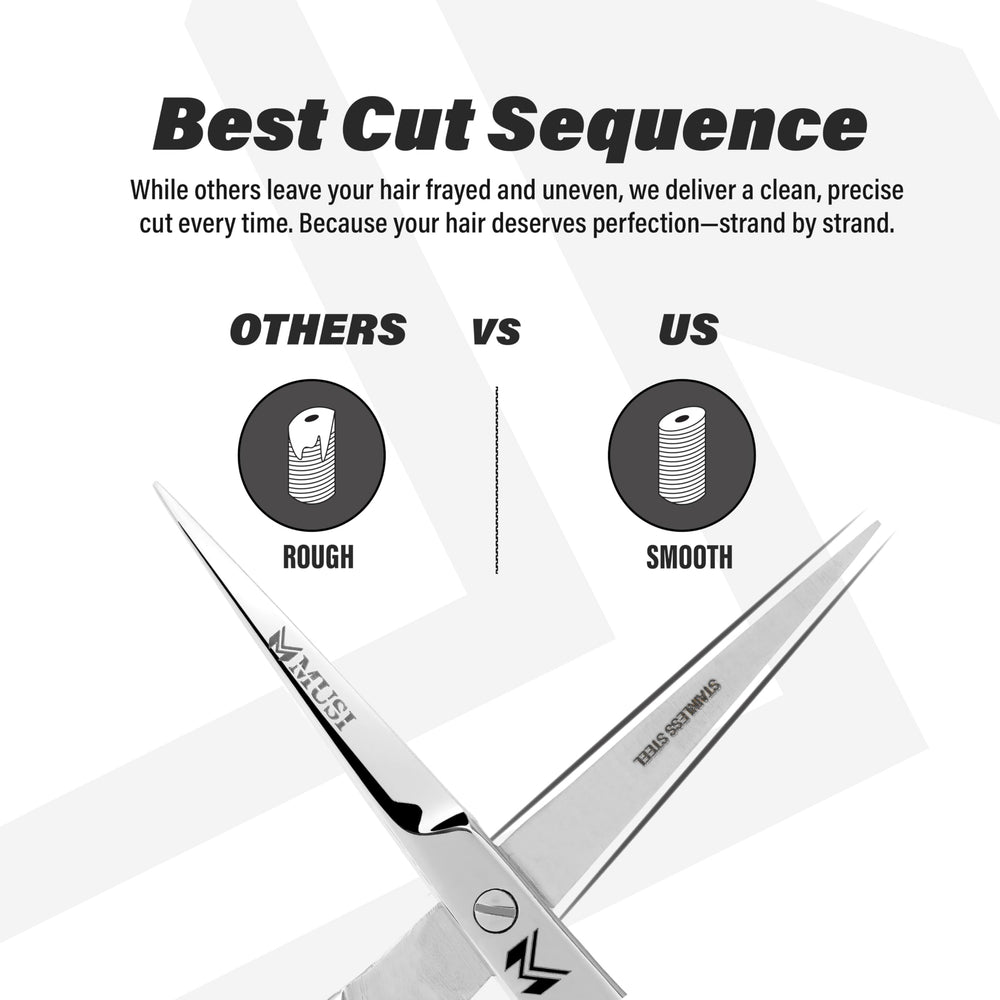 MUSI professional hair cutting scissors shown for salon or home use.