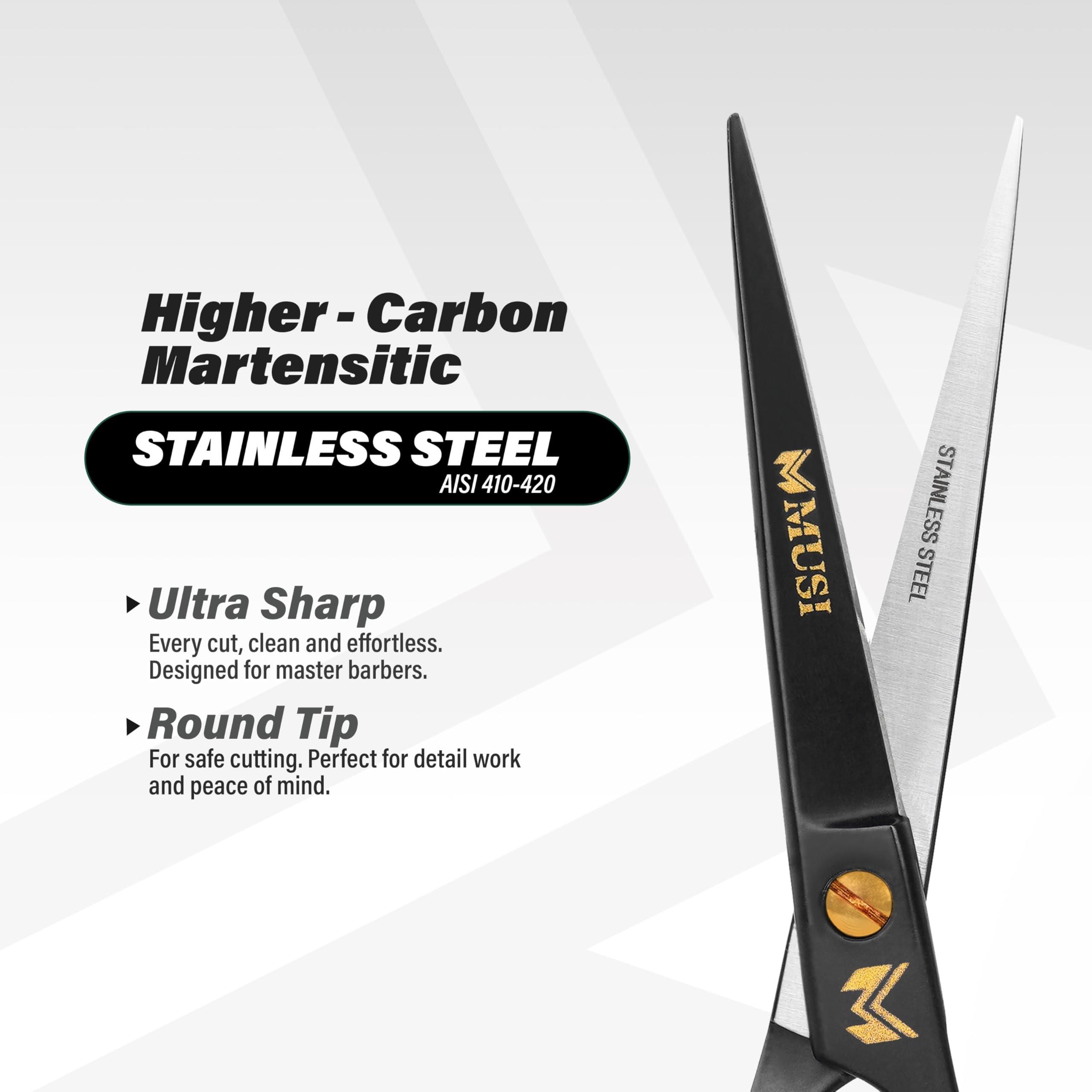 MUSI stainless steel barber scissors resistant to rust for durable performance.