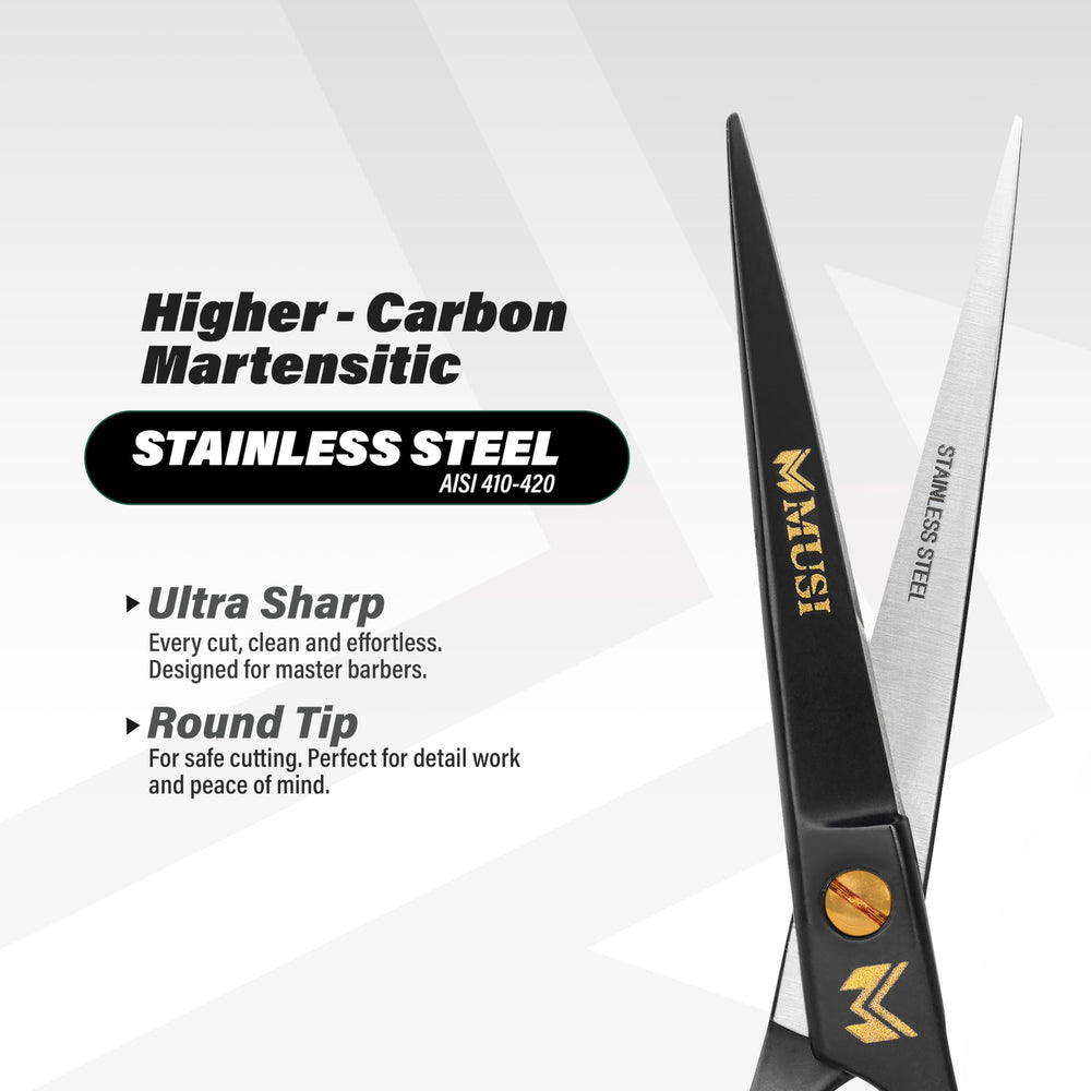 MUSI stainless steel barber scissors resistant to rust for durable performance.