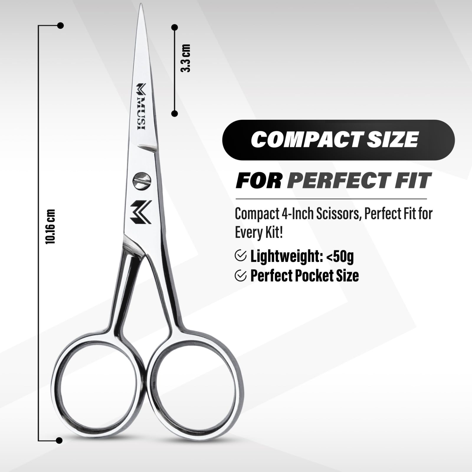 MUSI travel-friendly scissors come with comb and protective pouch for on-the-go grooming.
