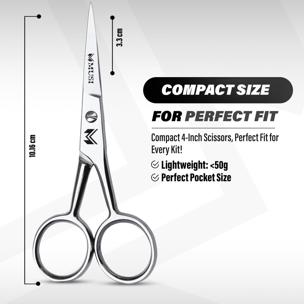 MUSI travel-friendly scissors come with comb and protective pouch for on-the-go grooming.