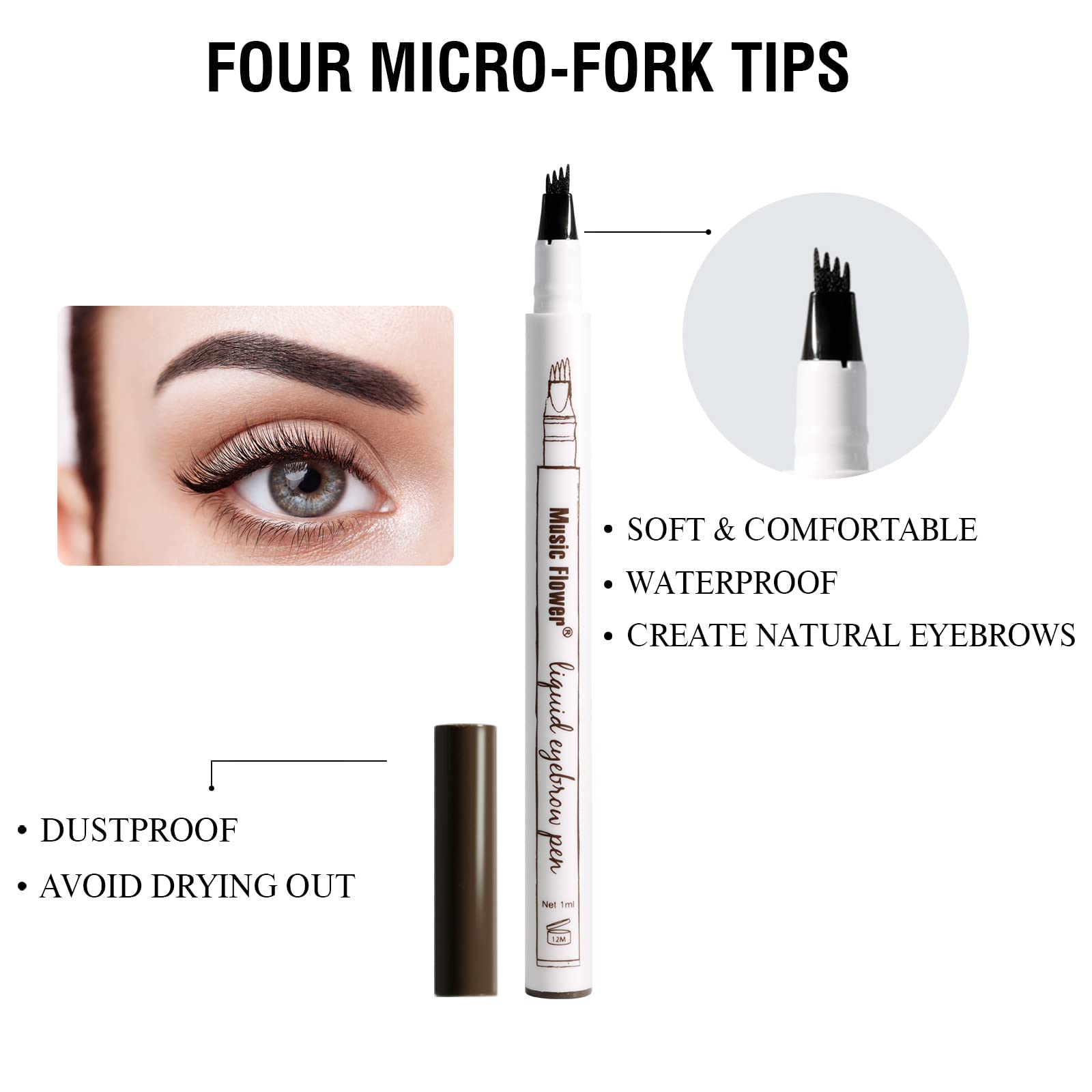Music Flower Eyebrow Pen micro-fork tips enable precise, natural strokes.
