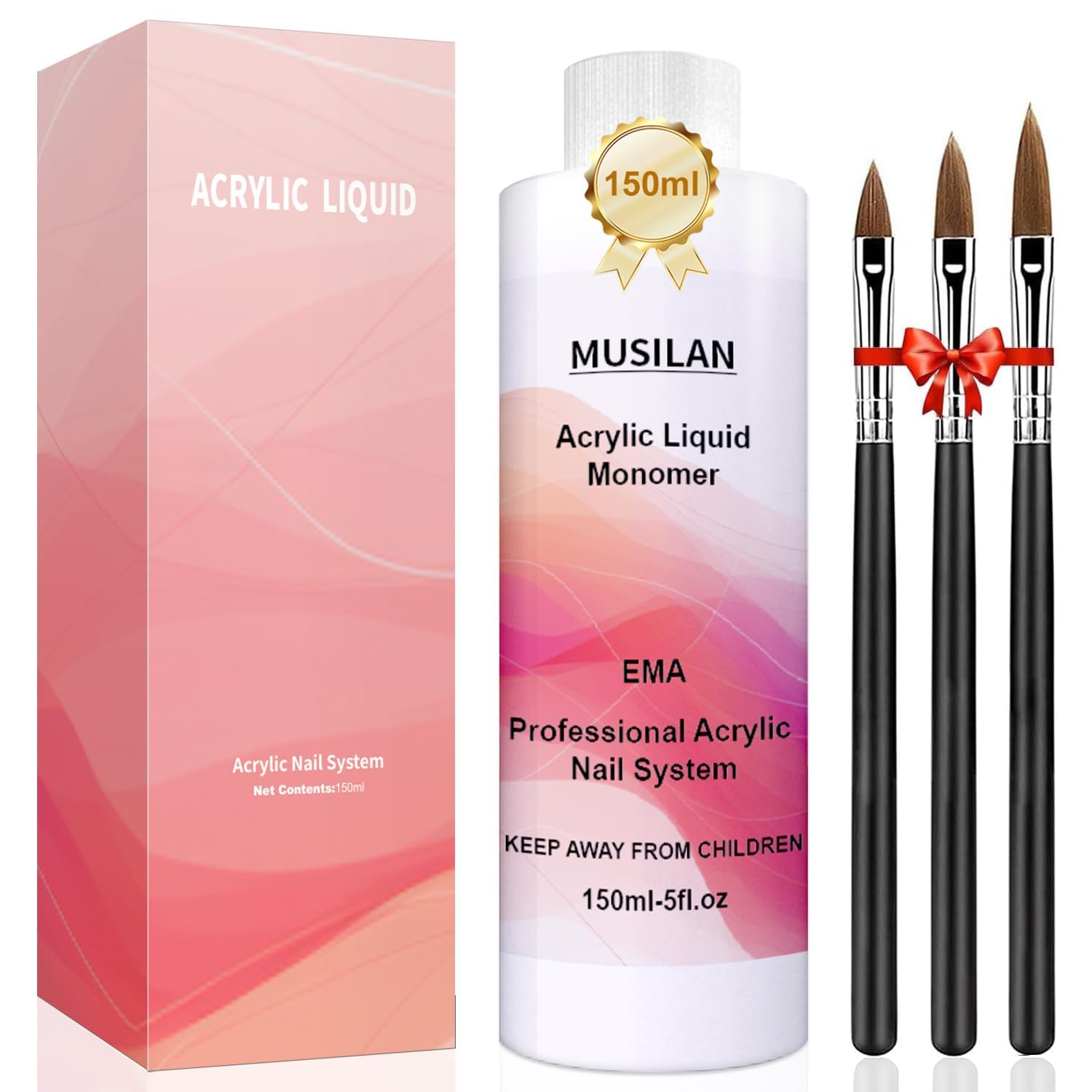 MUSILAN acrylic liquid bottle close-up showing clear formula for consistent beads.