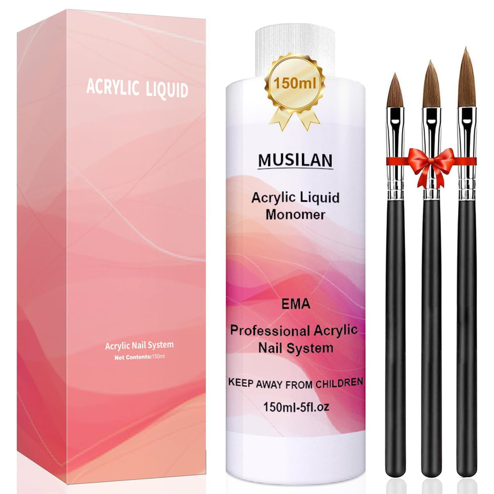 MUSILAN acrylic liquid bottle close-up showing clear formula for consistent beads.
