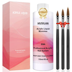 MUSILAN acrylic liquid bottle close-up showing clear formula for consistent beads.