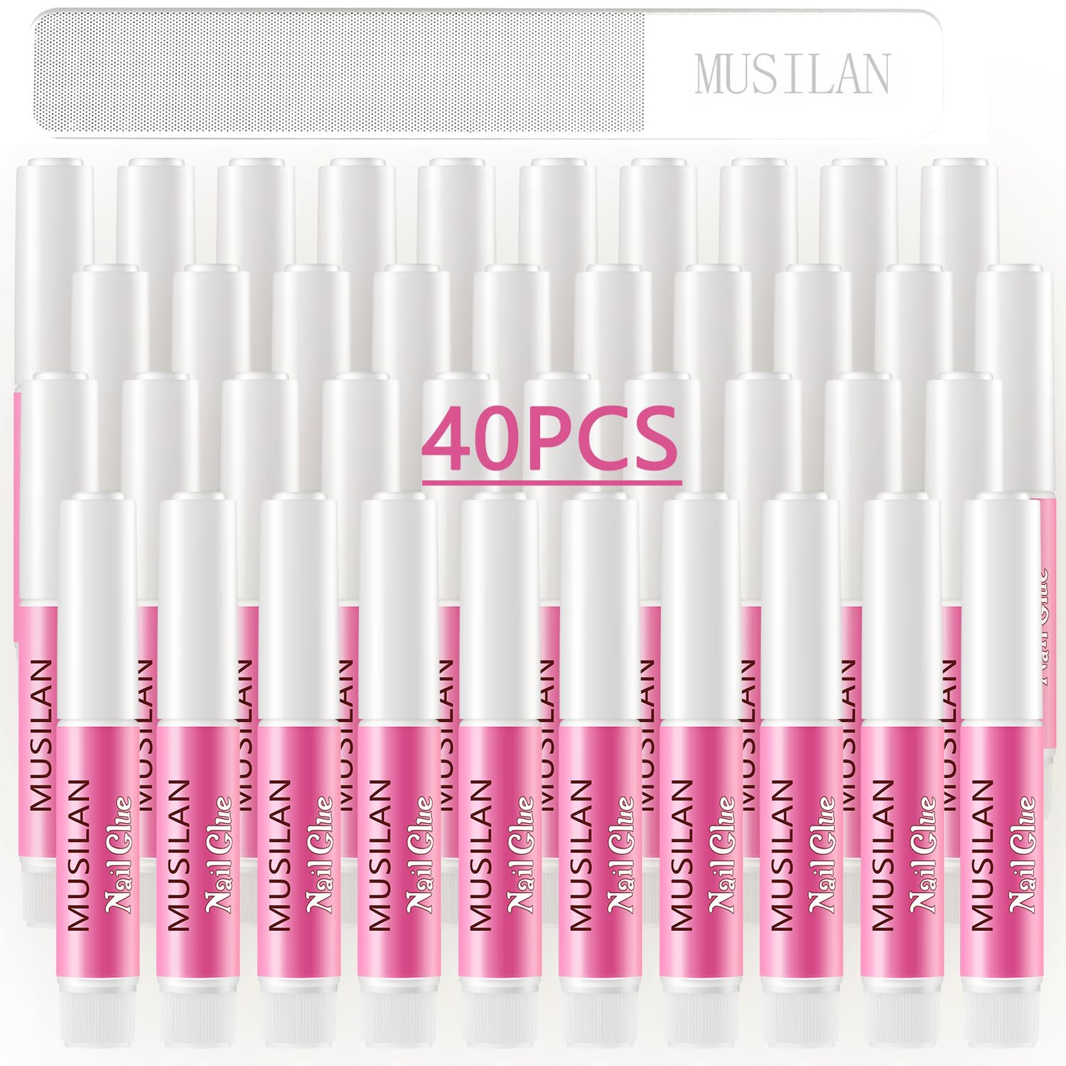 MUSILAN Nail Glue bottle demonstrating fast-drying action for secure nail tips.