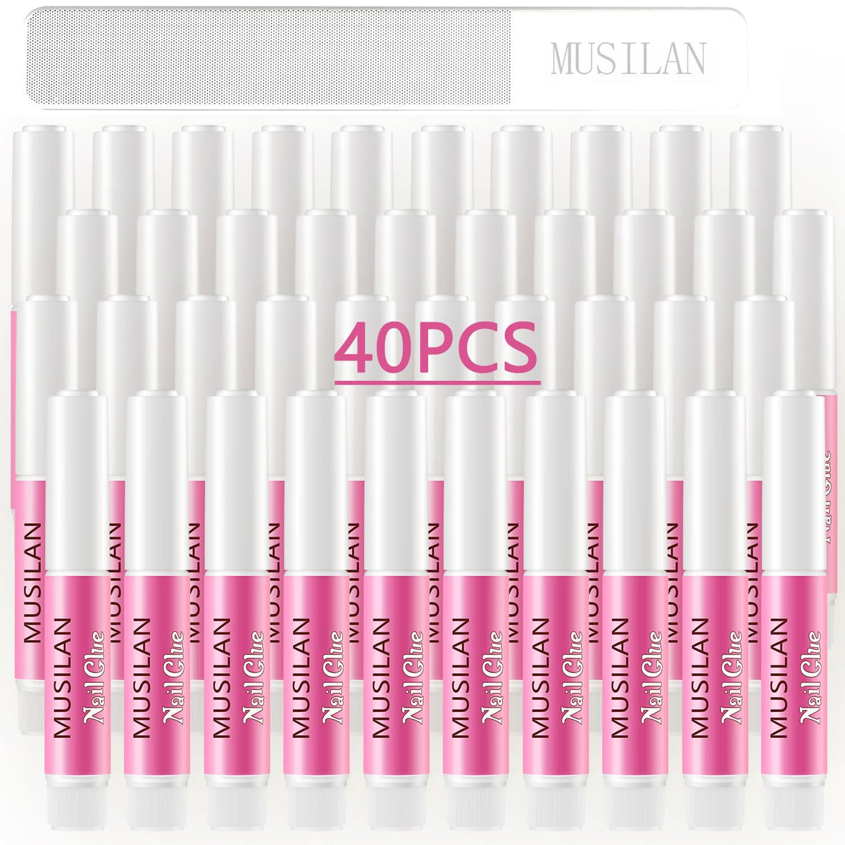 MUSILAN Nail Glue bottle demonstrating fast-drying action for secure nail tips.