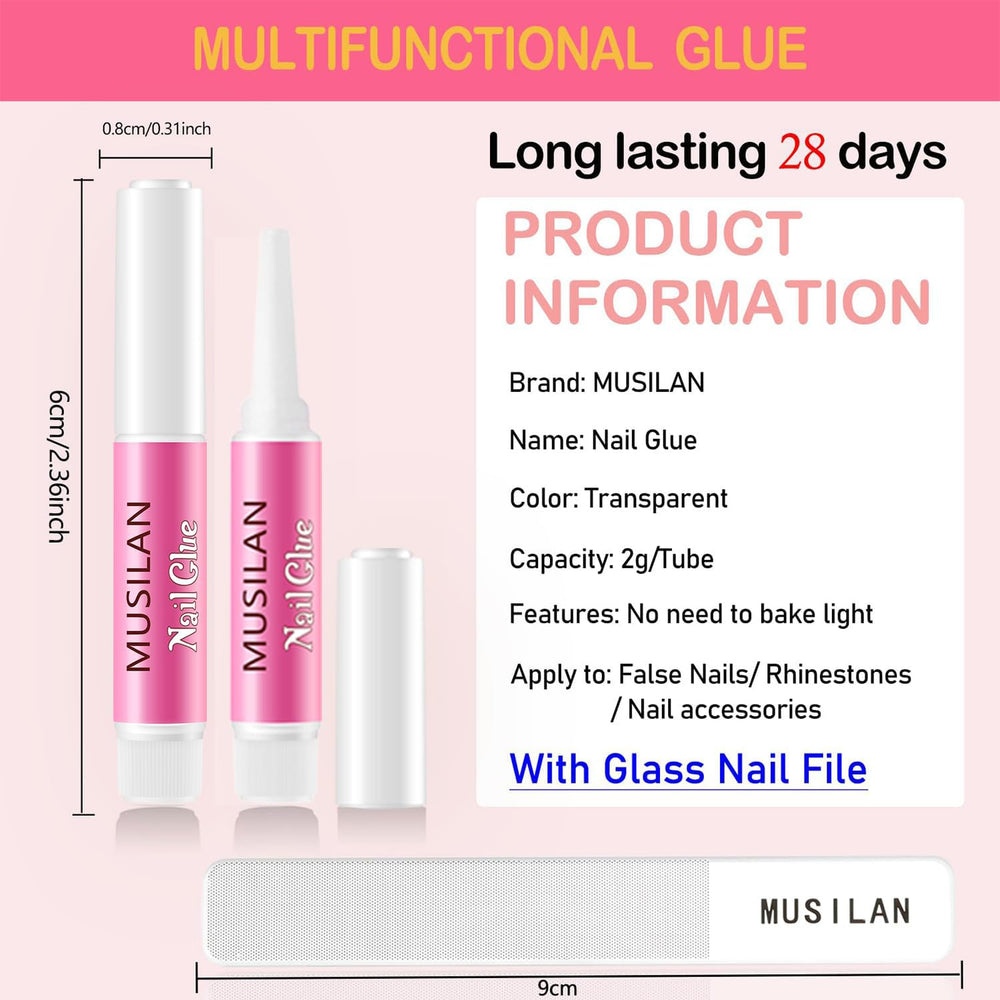MUSILAN Nail Glue tube close-up showing precise application for strong bonding.