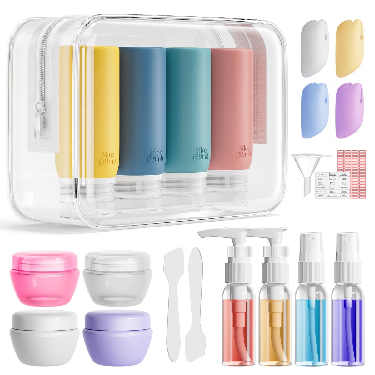 Muslish 21-pack travel bottles with yellow bag for leak-proof packing.