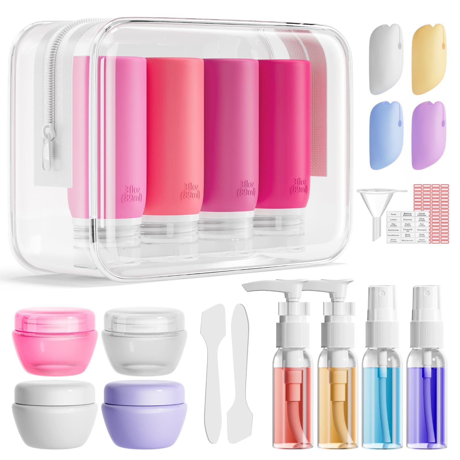 Muslish 21-pack pink travel bottles set with leak-proof caps ideal for safe packing.
